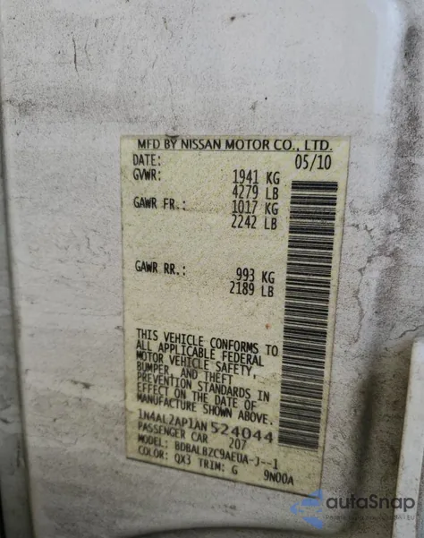 2010 Nissan Altima Base z USA, uszkodzony, nr VIN 1N4AL2AP1AN524044